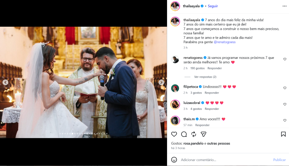 Thaila Ayala se declara a Renato Góes ao celebrar 7 anos de casamento: “Dia mais feliz da minha vida”