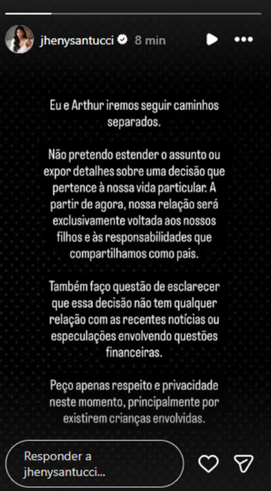 Jheny Santucci esclarece término com Arthur Aguiar e nega motivo financeiro durante gravidez Jheny Santucci esclarece término com Arthur Aguiar e nega motivo financeiro durante gravidez