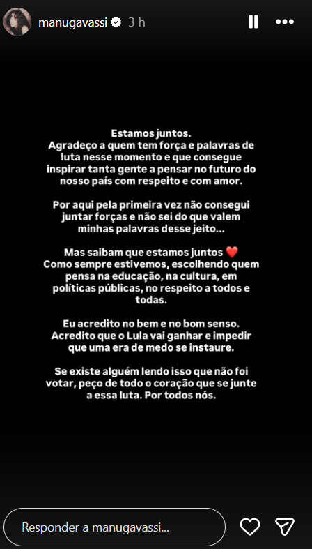 Manu Gavassi revela apoio a Lula no 2º turno e faz apelo nas redes sociais