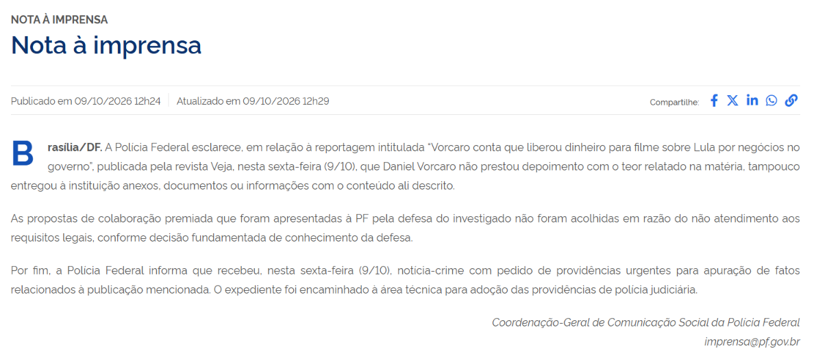 PF nega depoimento de Vorcaro sobre suposto repasse de R$ 30 milhões para filme de Lula PF nega depoimento de Vorcaro sobre suposto repasse de R$ 30 milhões para filme de Lula