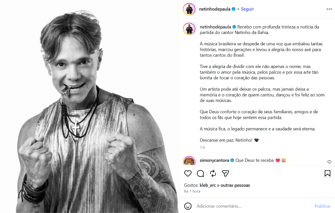 Morte de Netinho comove artistas e fãs; Claudia Leitte se despede com homenagem emocionante: “Meu irmão”