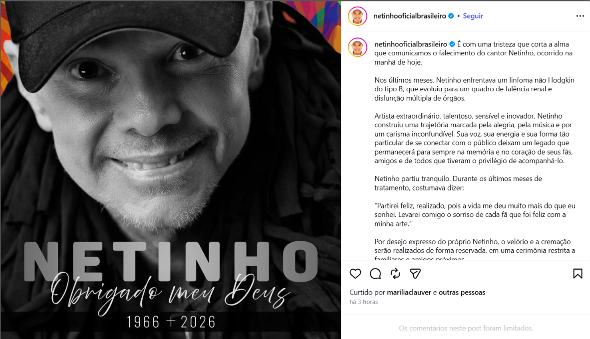 “Partirei feliz”: mensagem escrita por Netinho antes de morrer é divulgada pela equipe do cantor