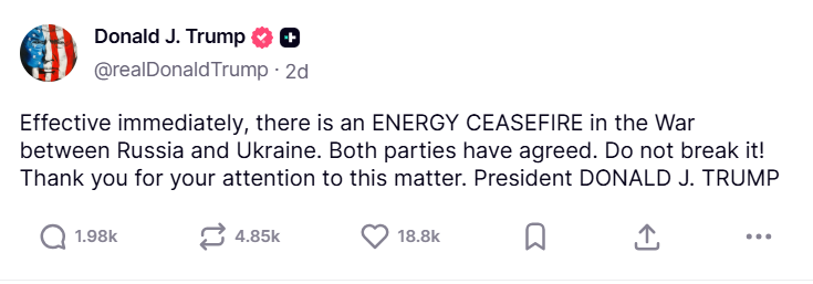 um post de donald trump em sua rede social truth social