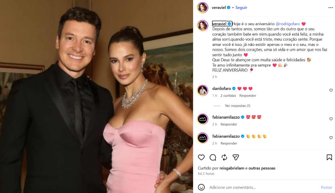 Vera Viel se declara a Rodrigo Faro em aniversário de 53 anos: ‘Meu coração bate por você’