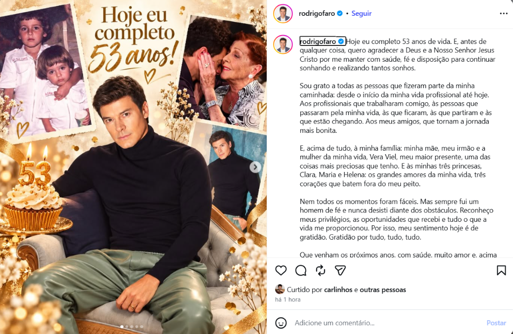 Vera Viel se declara a Rodrigo Faro em aniversário de 53 anos: ‘Meu coração bate por você’