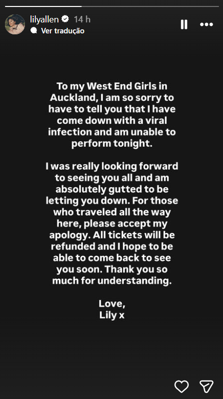 Lily Allen revela diagnóstico de infecção viral e anuncia cancelamento de show