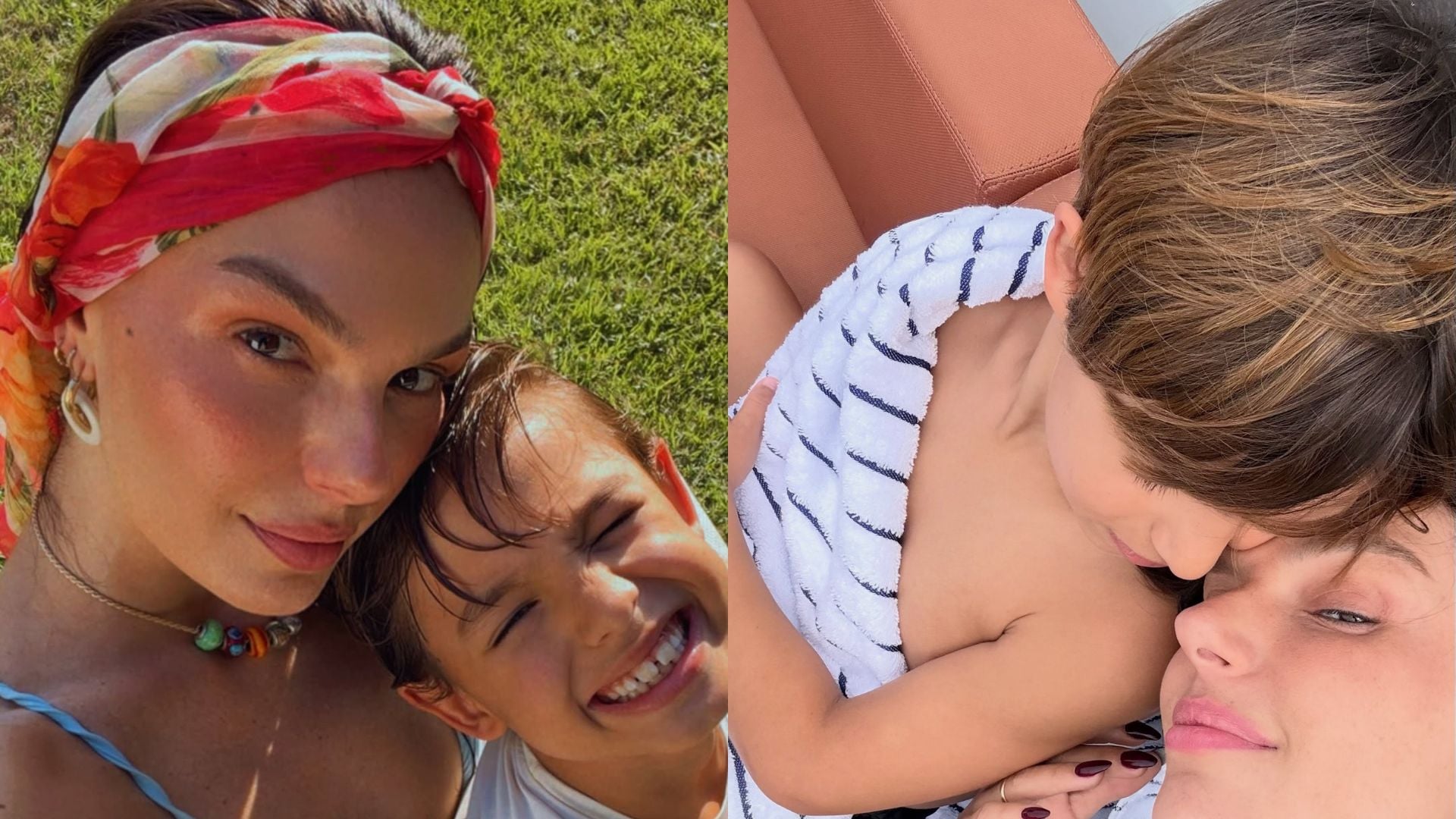 Ísis Valverde surge deslumbrante em dia de sol de biquíni e posa em foto com o filho