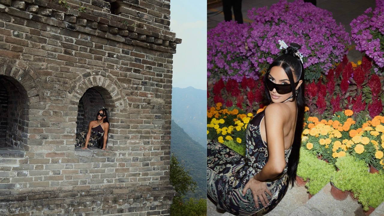 Kim Kardashian surpreende ao posar na Grande Muralha da China e resgata fotos de viagem em família