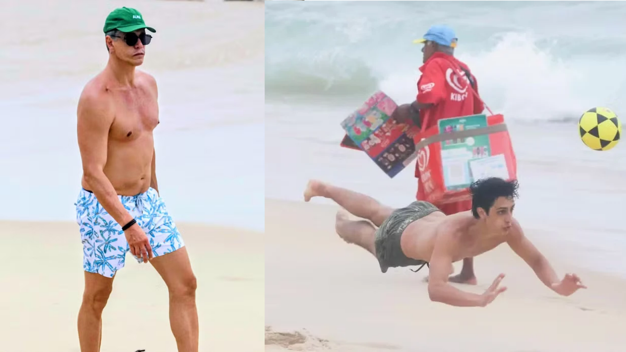 Marcio Garcia vai à praia acompanhar treino de futevôlei com o filho | Reprodução/Dan Delmiro / Agnews